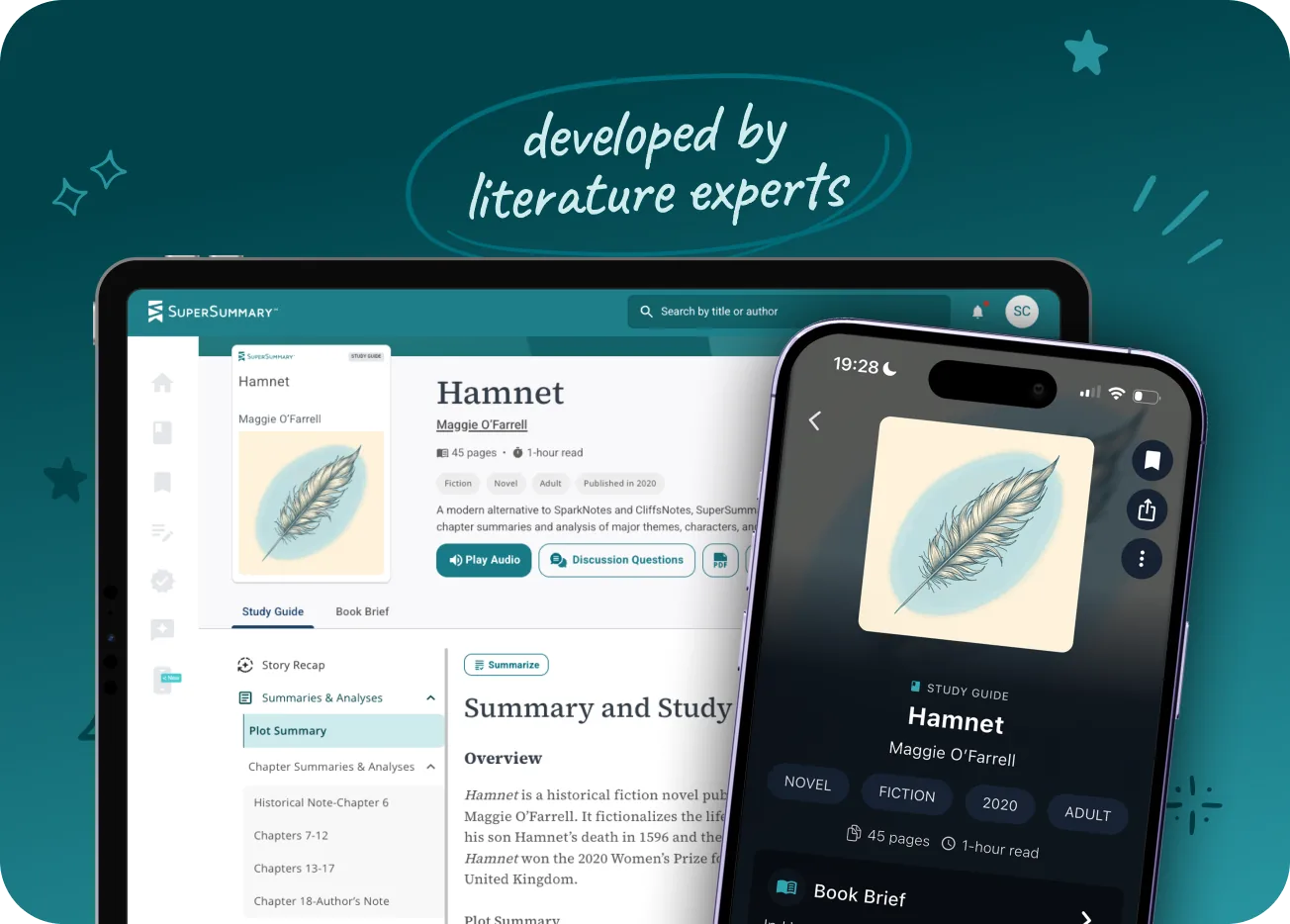 The SuperSummary web and mobile apps showing the Hamnet Study Guide, developed by literature experts