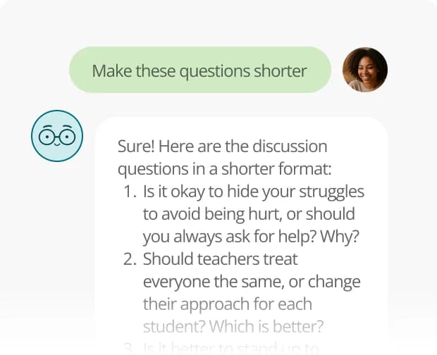 A chat refining discussion questions into a shorter format