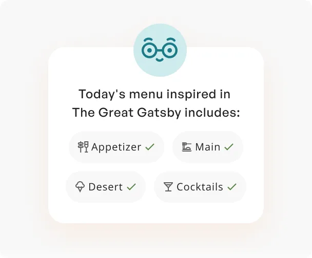 A chat building a menu inspired by The Great Gatsby with courses checked off